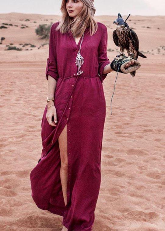 Plus Size Mulberry Floral Button Beach Gown Maxi Dresses - SooLinen