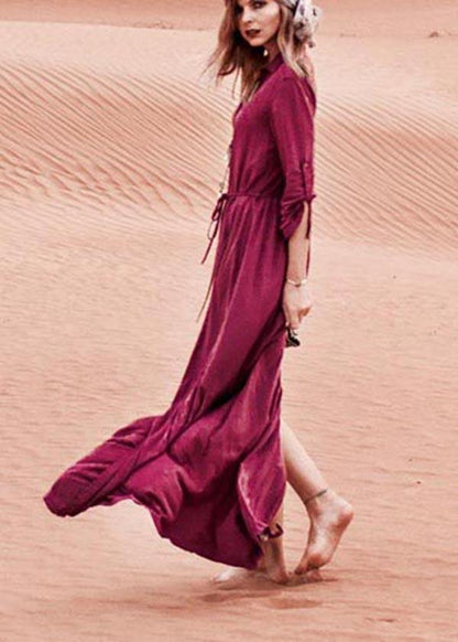 Plus Size Mulberry Floral Button Beach Gown Maxi Dresses - SooLinen