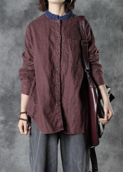 Plus Size Mulberry O-Neck Button Fall Top Long Sleeve - SooLinen