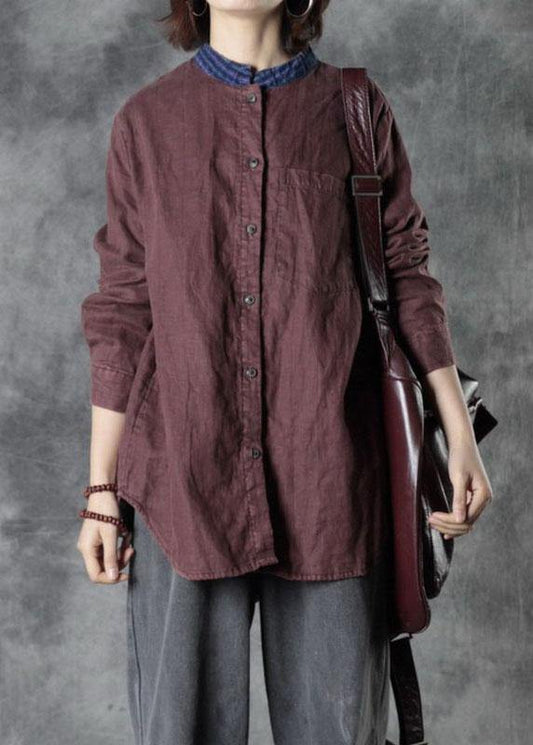 Plus Size Mulberry O-Neck Button Fall Top Long Sleeve - SooLinen