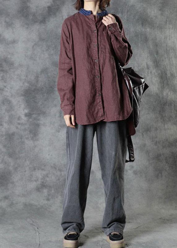 Plus Size Mulberry O-Neck Button Fall Top Long Sleeve - SooLinen