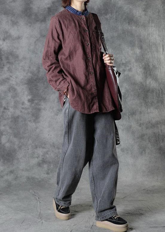 Plus Size Mulberry O-Neck Button Fall Top Long Sleeve - SooLinen