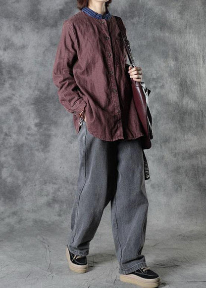 Plus Size Mulberry O-Neck Button Fall Top Long Sleeve - SooLinen