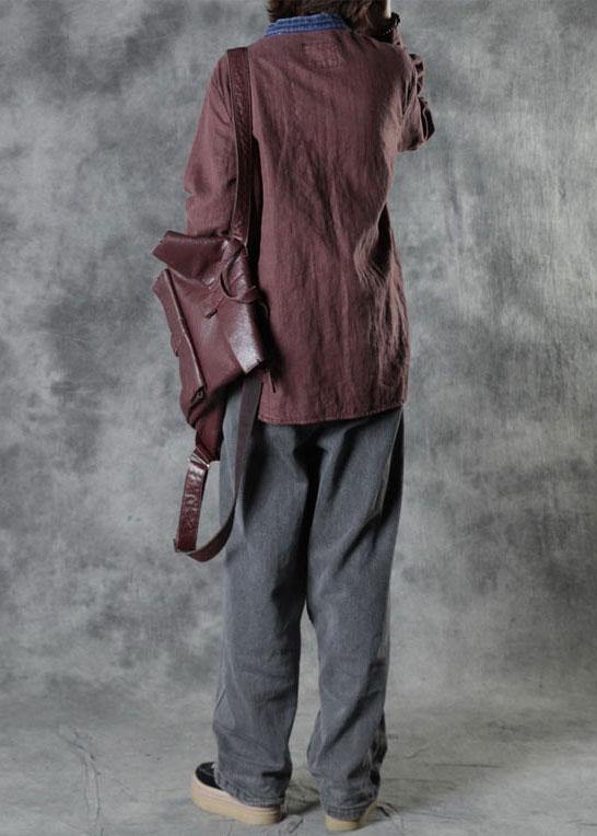 Plus Size Mulberry O-Neck Button Fall Top Long Sleeve - SooLinen