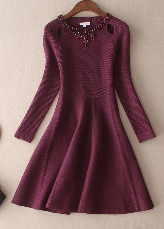 Plus Size Mulberry O-Ausschnitt Slim Fit Wollkleider Frühling