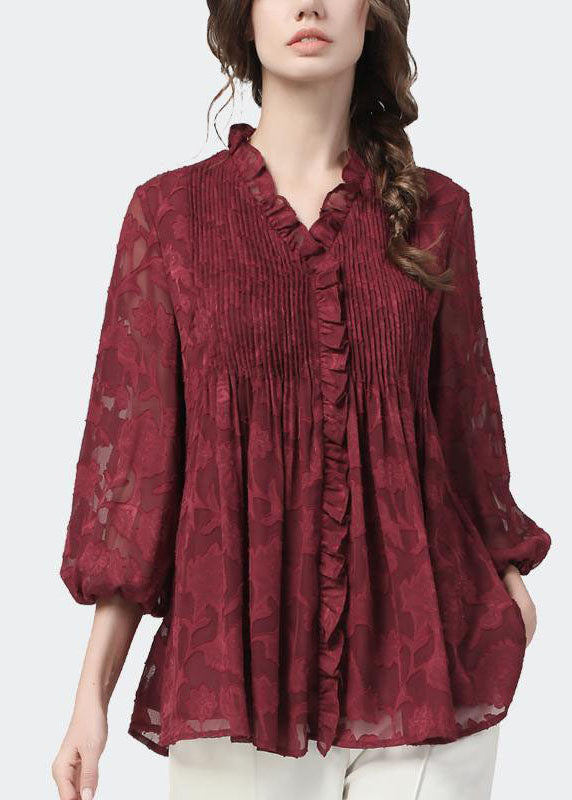 Plus Size Mulberry Rüschen Falten Spitzenhemd Tops Herbst