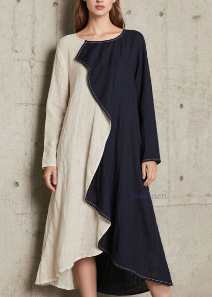 Plus Size Marineblaues asymmetrisches Patchwork-Baumwollkleid in A-Linie, Frühling