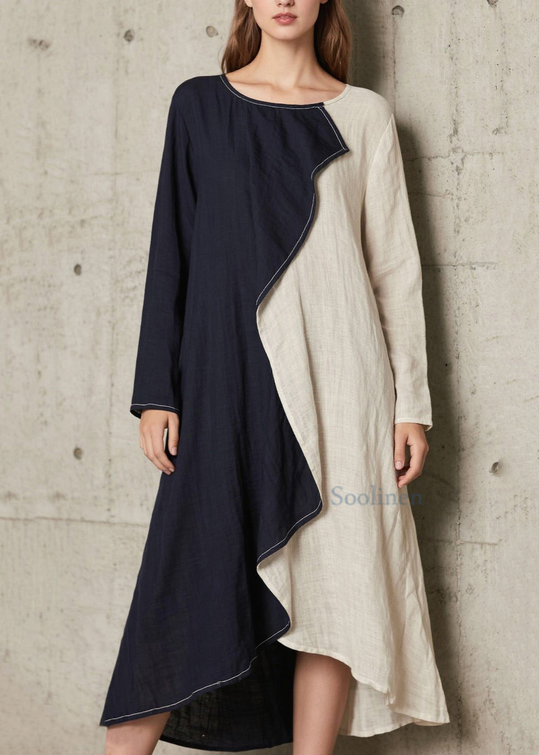 Plus Size Marineblaues asymmetrisches Patchwork-Baumwollkleid in A-Linie, Frühling