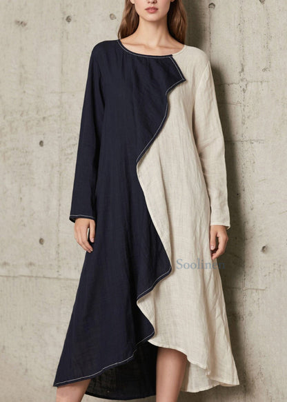 Plus Size Marineblaues asymmetrisches Patchwork-Baumwollkleid in A-Linie, Frühling