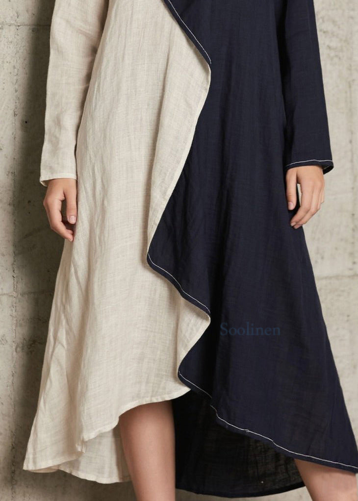 Plus Size Marineblaues asymmetrisches Patchwork-Baumwollkleid in A-Linie, Frühling