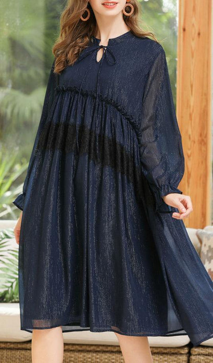 Plus Size Navy Cinched Chiffon O-Neck Summer Maxi Dress - SooLinen