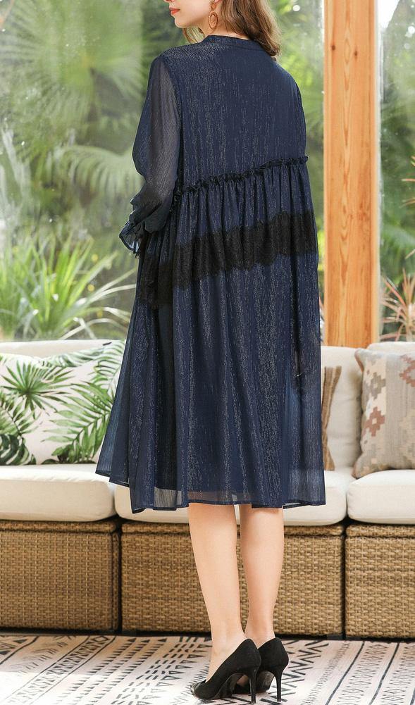 Plus Size Navy Cinched Chiffon O-Neck Summer Maxi Dress - SooLinen