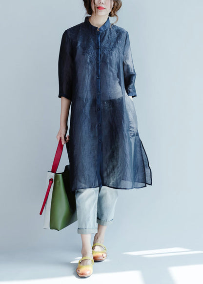 Plus Size Marineblaue Blusen mit bestickten Knöpfen und Dreiviertelärmeln