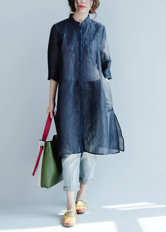 Plus Size Marineblaue Blusen mit bestickten Knöpfen und Dreiviertelärmeln