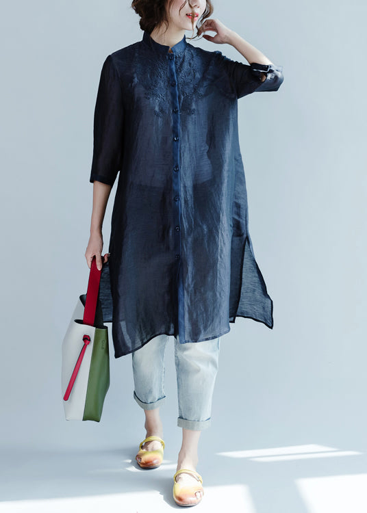 Plus Size Marineblaue Blusen mit bestickten Knöpfen und Dreiviertelärmeln