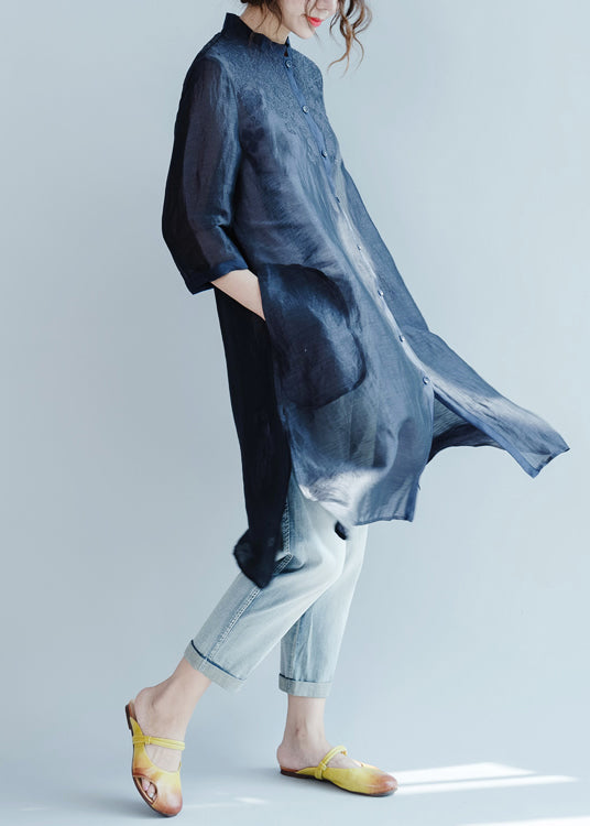 Plus Size Marineblaue Blusen mit bestickten Knöpfen und Dreiviertelärmeln