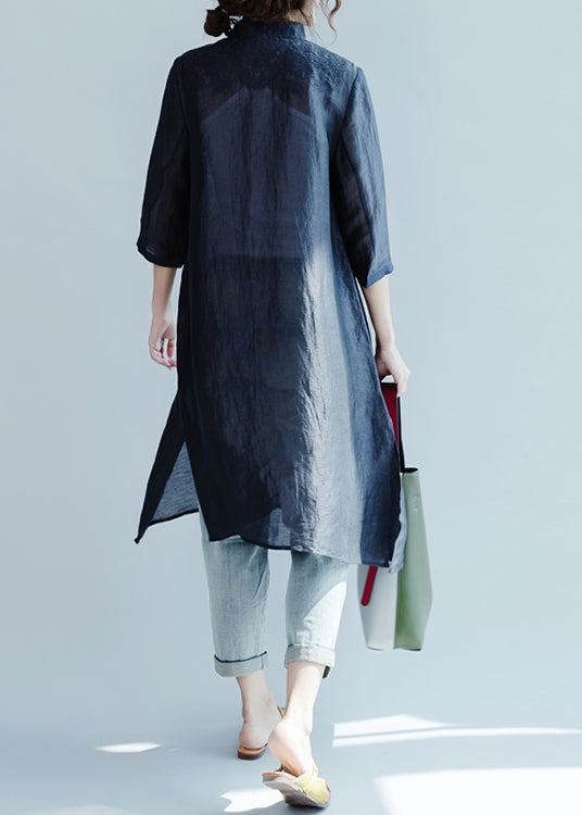 Plus Size Marineblaue Blusen mit bestickten Knöpfen und Dreiviertelärmeln