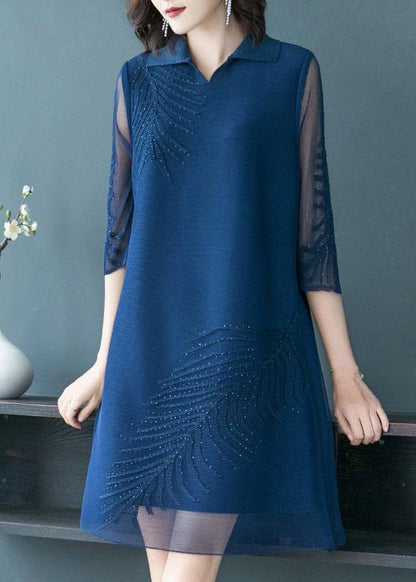 Plus Size Navy Embroideried Peter Pan Collar Dress Summer - SooLinen