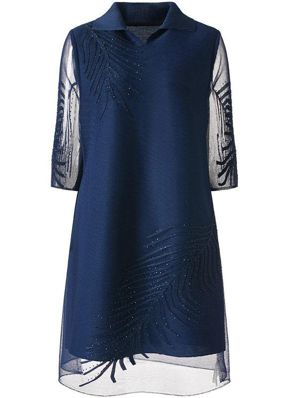 Plus Size Navy Embroideried Peter Pan Collar Dress Summer - SooLinen