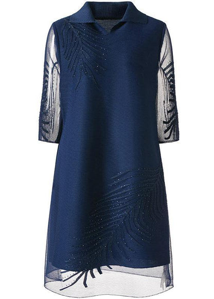 Plus Size Navy Embroideried Peter Pan Collar Dress Summer - SooLinen