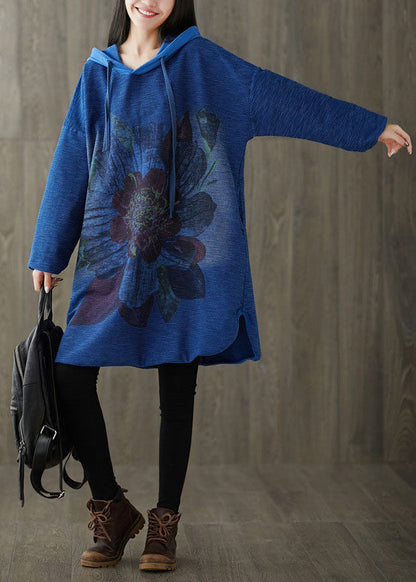 Plus Size Navy Kapuzendruck Patchwork seitlich offen Kleid Frühling