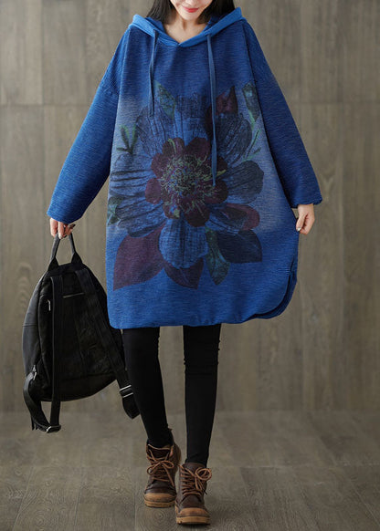 Plus Size Navy Kapuzendruck Patchwork seitlich offen Kleid Frühling