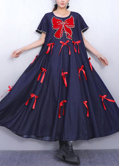 Vestidos largos de mezclilla con lazo de mariposa extragrande azul marino de talla grande para verano