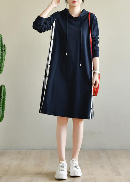 Plus Size Navy Patchwork Cotton hooded Dresses - SooLinen