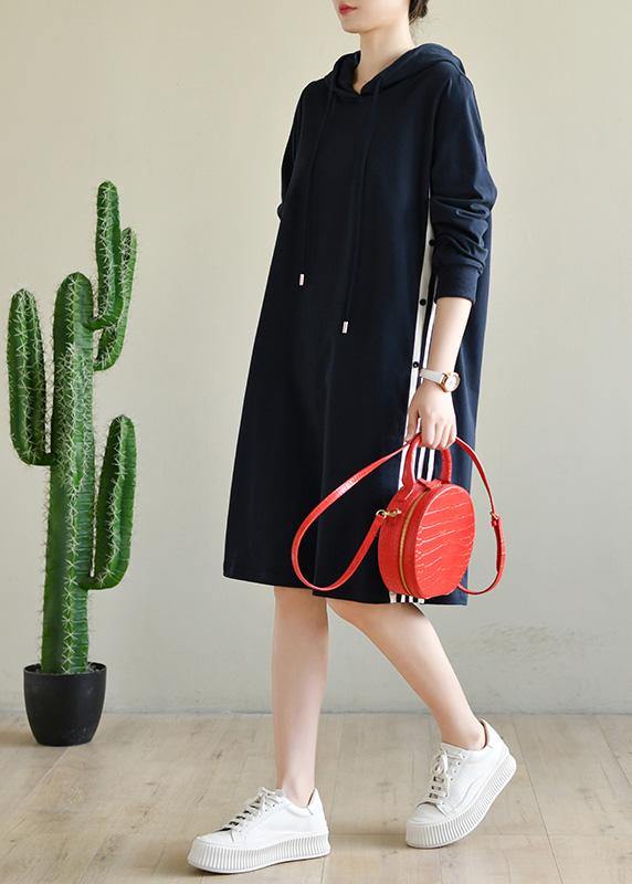 Plus Size Navy Patchwork Cotton hooded Dresses - SooLinen