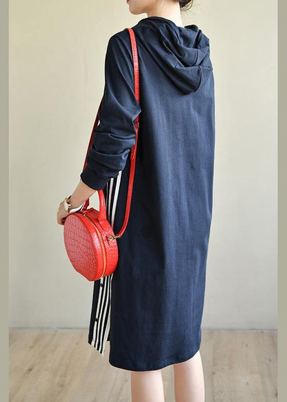 Plus Size Navy Patchwork Cotton hooded Dresses - SooLinen