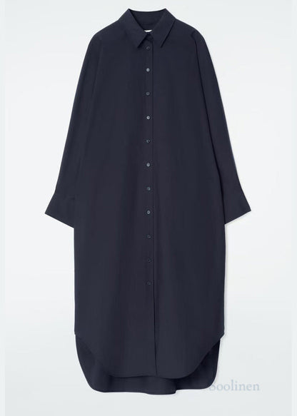 Plus Size Navy Peter Pan Collar Cotton Long Shitrs Tunic Dress Spring