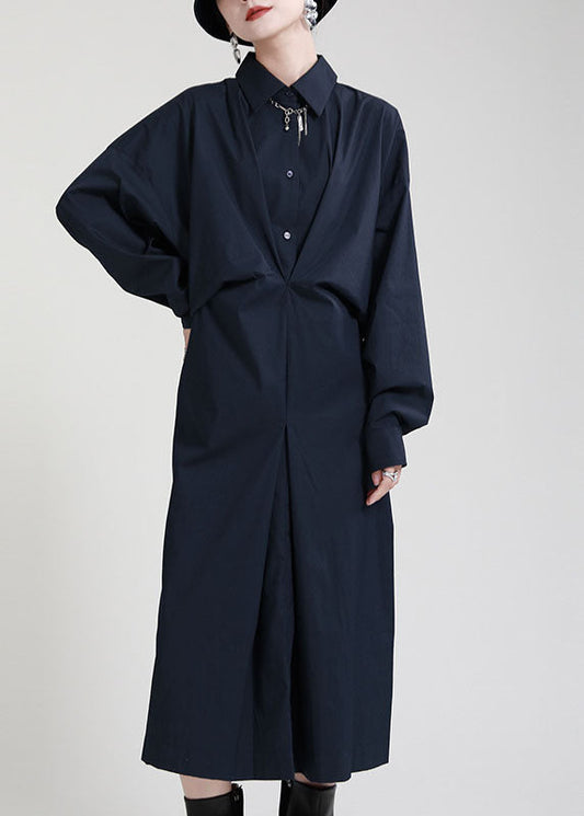 Plus Size Marineblaues Peter-Pan-Kragen-Knopf-asymmetrisches Design Herbst-Knöchelkleid Lange Ärmel