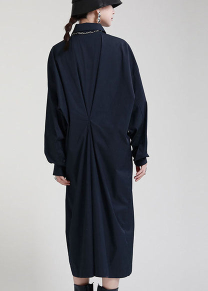 Plus Size Marineblaues Peter-Pan-Kragen-Knopf-asymmetrisches Design Herbst-Knöchelkleid Lange Ärmel