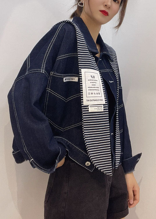 Plus Size Navy Taschen Knopf Patchwork Herbst Langarm Jeansmantel