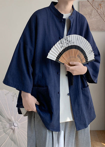 Plus Size Navy Stand Collar Button Linen Shirt Men Spring