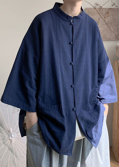 Plus Size Navy Stand Collar Button Linen Shirt Men Spring