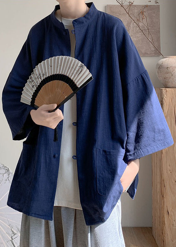 Plus Size Navy Stand Collar Button Linen Shirt Men Spring