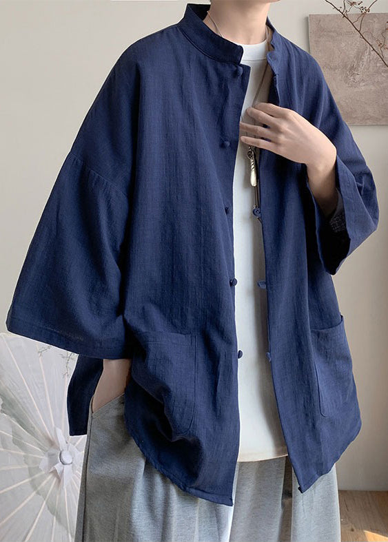 Plus Size Navy Stand Collar Button Linen Shirt Men Spring