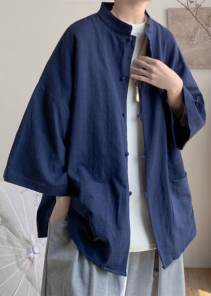 Plus Size Navy Stand Collar Button Linen Shirt Men Spring