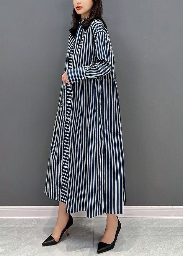 Plus Size Navy Stehkragen Gestreiftes Baumwollhemdkleid Herbst