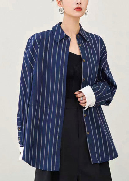 Plus Size Navy Striped Button Cotton Shirt Fall