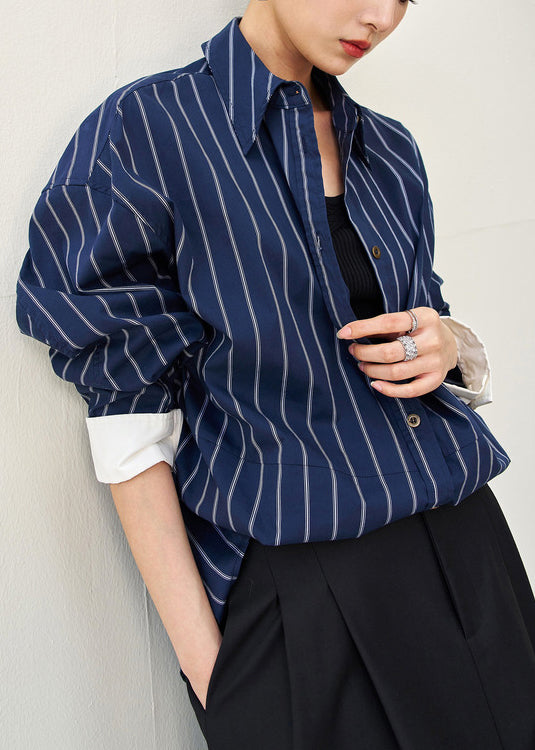 Plus Size Navy Striped Button Cotton Shirt Fall