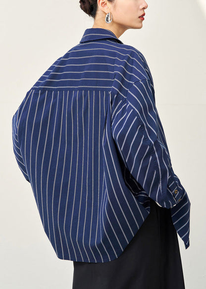 Plus Size Navy Striped Button Cotton Shirt Fall