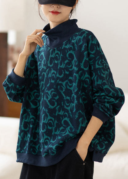Plus Größe Navy Rollkragen Print Warme Fleece Sweatshirts Top Frühling