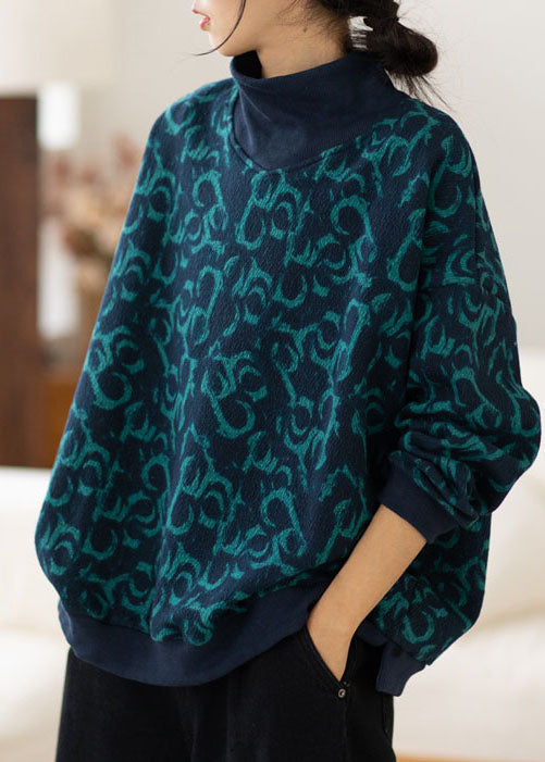 Plus Größe Navy Rollkragen Print Warme Fleece Sweatshirts Top Frühling