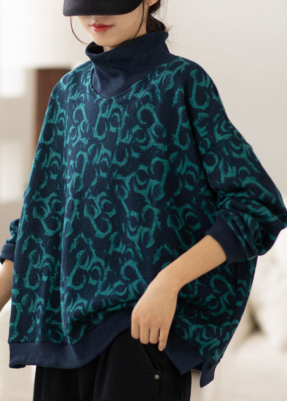 Plus Größe Navy Rollkragen Print Warme Fleece Sweatshirts Top Frühling