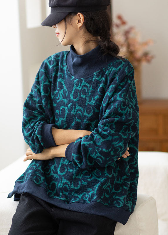 Plus Größe Navy Rollkragen Print Warme Fleece Sweatshirts Top Frühling