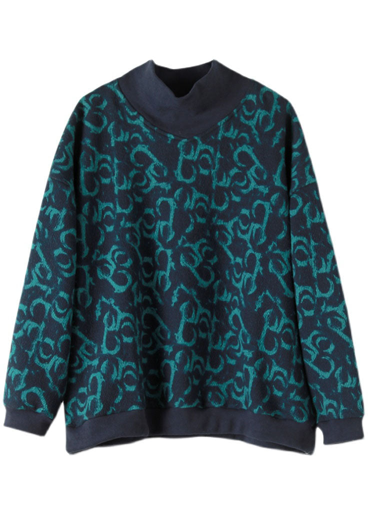 Plus Größe Navy Rollkragen Print Warme Fleece Sweatshirts Top Frühling