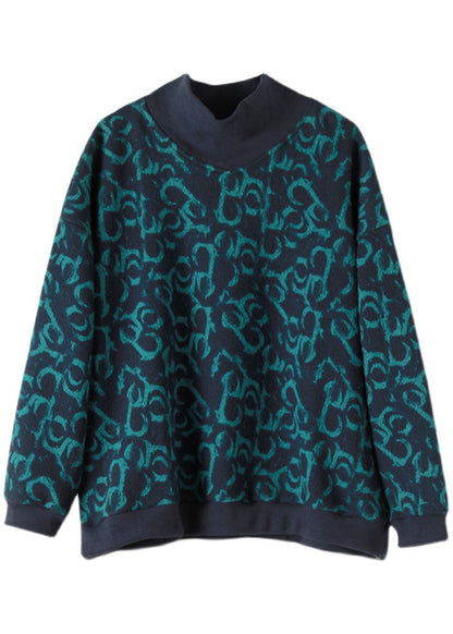 Plus Größe Navy Rollkragen Print Warme Fleece Sweatshirts Top Frühling