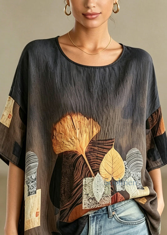 Plus Size O-Neck Leaves Print Top Half Sleeve